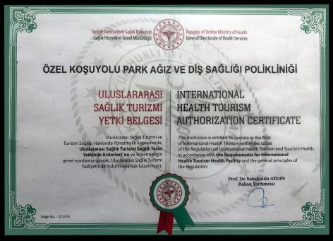 Özel Koşuyolu Park Ağız ve Diş Sağlığı Polikliniği Uluslarası Sağlık Turizmi Yetki Belgesi
